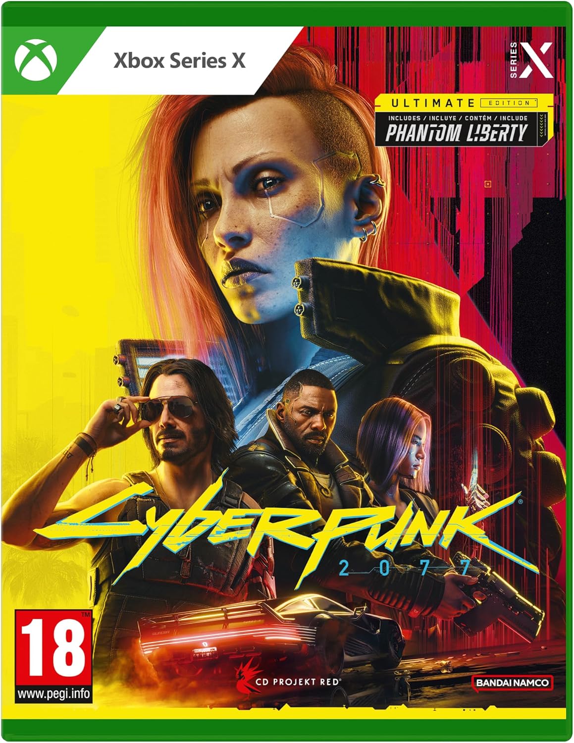 Cover of 'Cyberpunk 2077' game for Xbox Series X with characters and futuristic design.