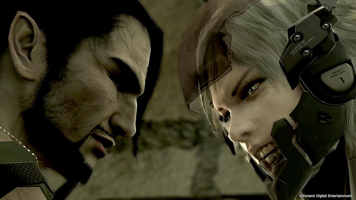Two characters from a video game facing each other with a blurred background