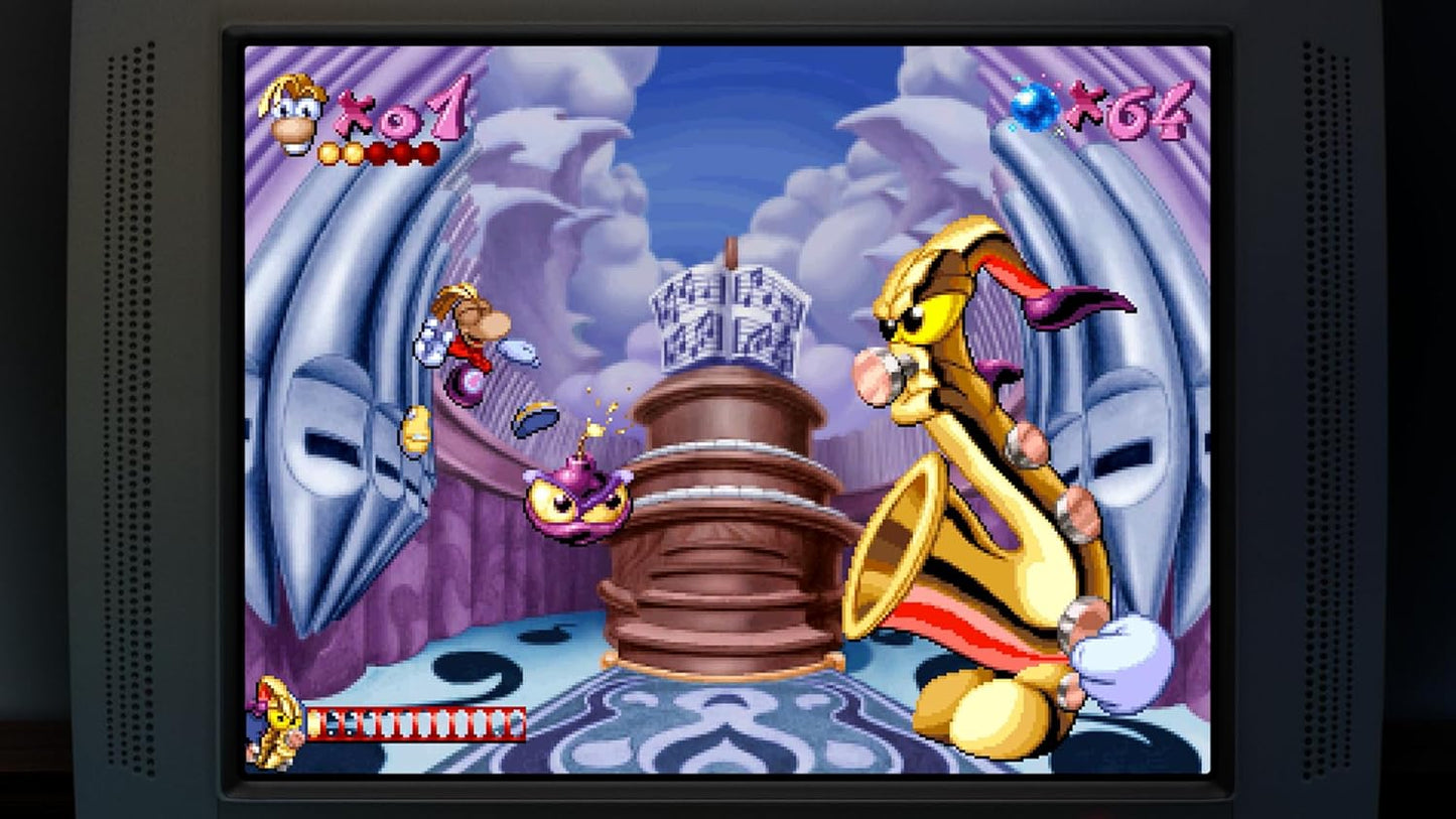Vintage video game screen displaying a character in a colorful, animated scene.