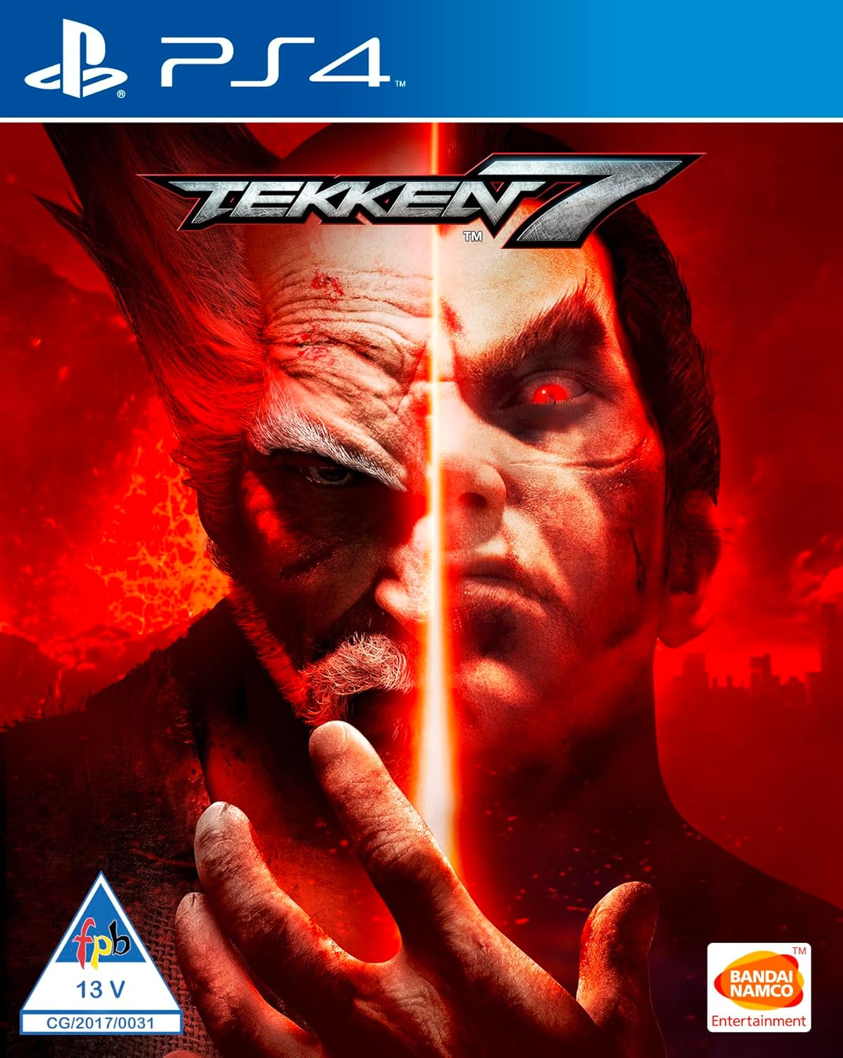 Game cover for Tekken 7 on PS4 with a split face design and red and black color scheme.