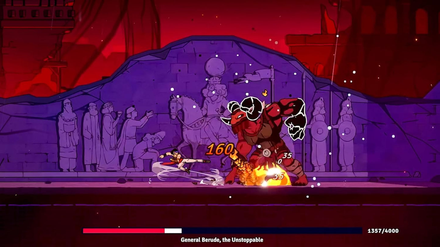 Game scene with a character facing an enemy named 'General Borade, the Unstoppable' in a stylized setting.