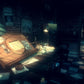 Dark room with a desk, lamp, and various objects on a checkered floor.