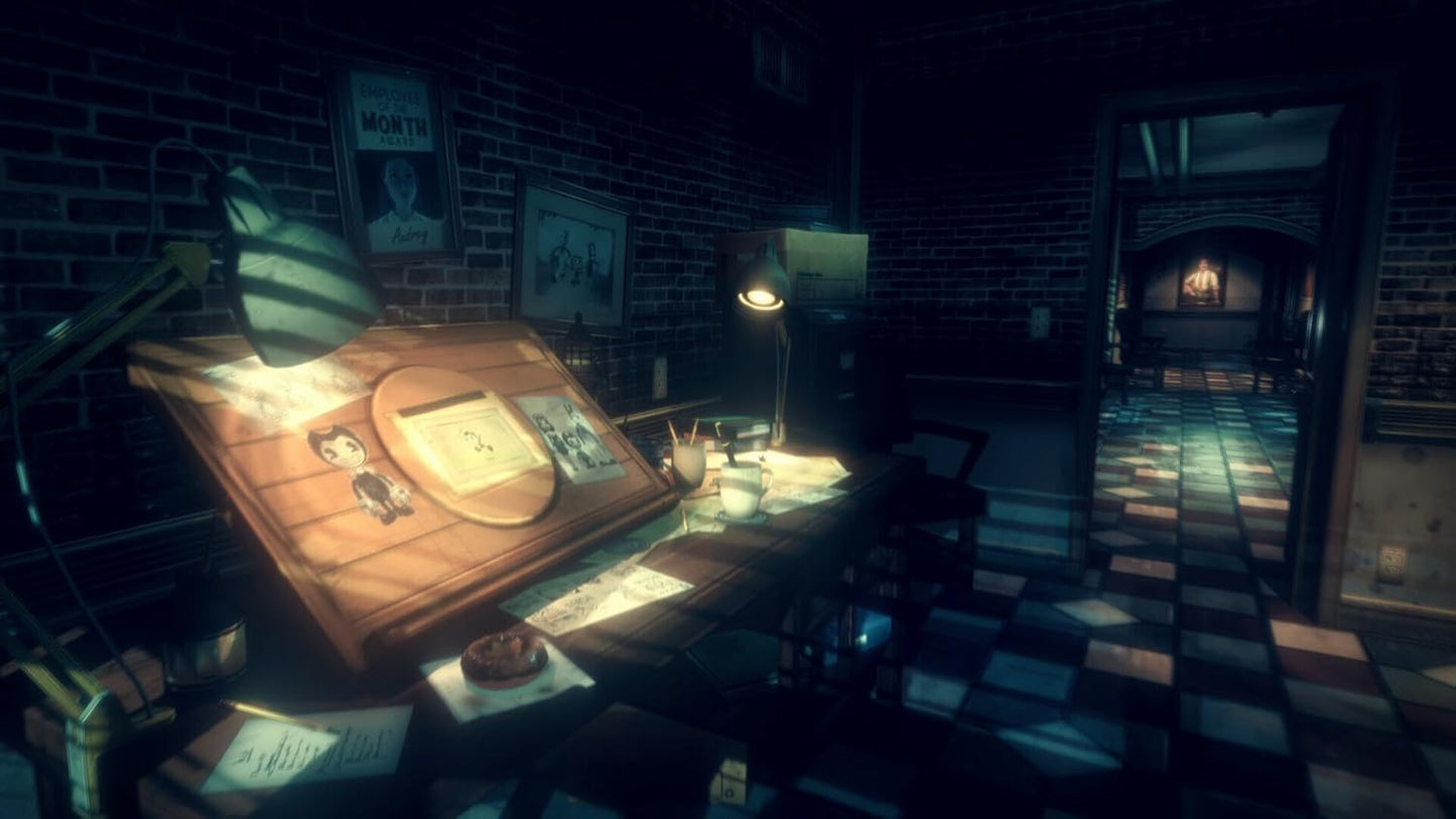 Dark room with a desk, lamp, and various objects on a checkered floor.