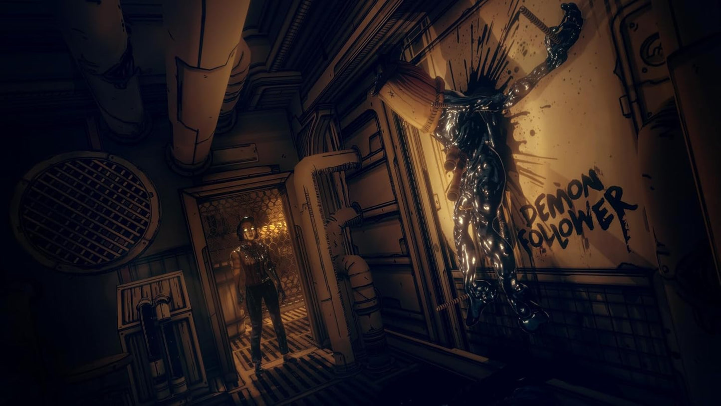 Dark, eerie room with a figure labeled 'Demon Summoner' and a mirror reflecting a person.