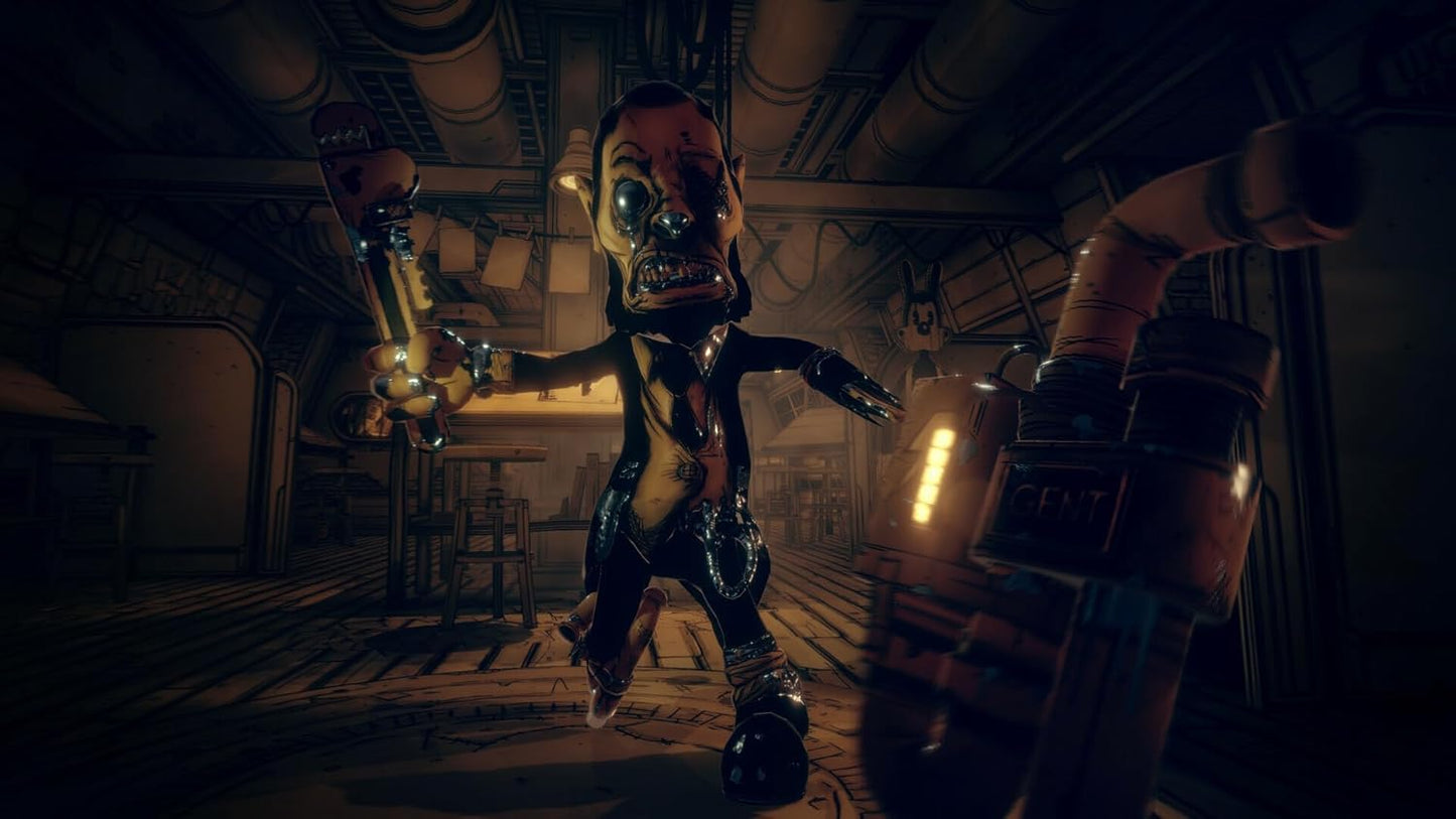Robotic figure in a dark, industrial setting