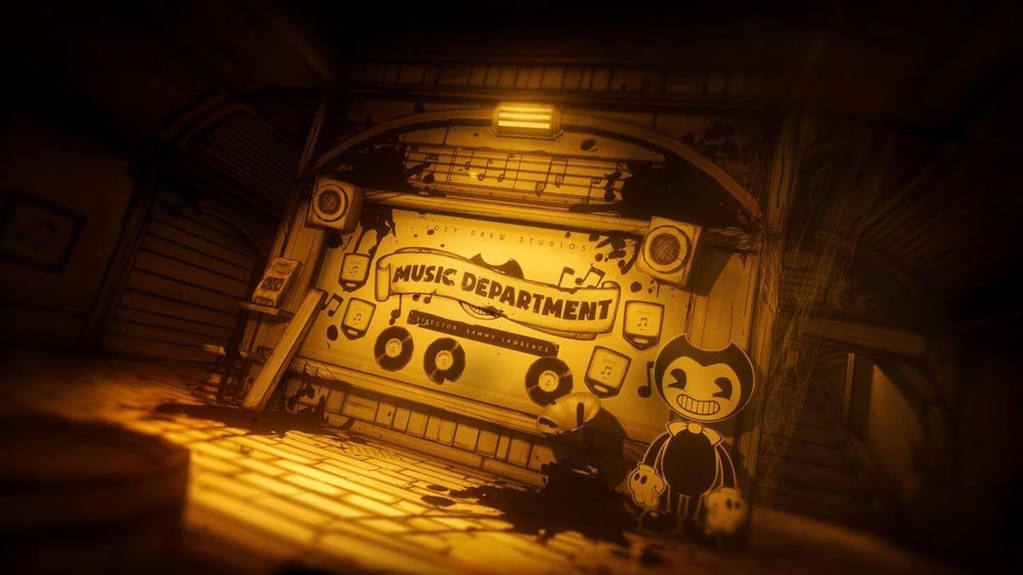 Decorative setup with a 'Music Department' sign, cassette tape, and plush toys in a dimly lit room.