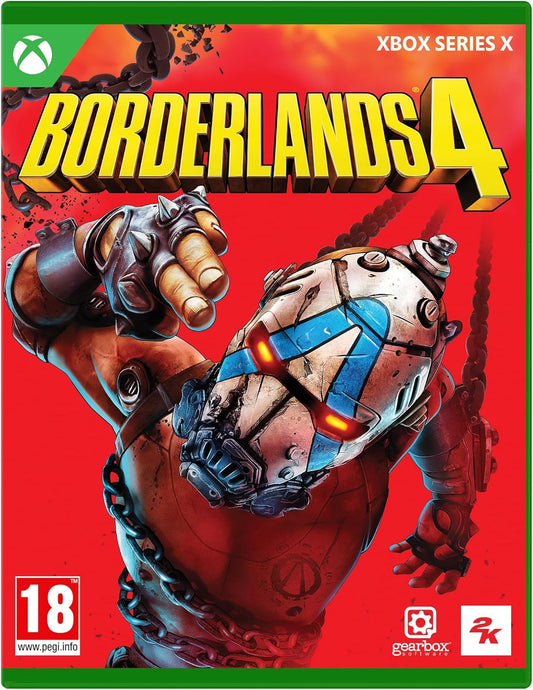 Game case for 'Borderlands 4' on Xbox Series X with characters and branding.