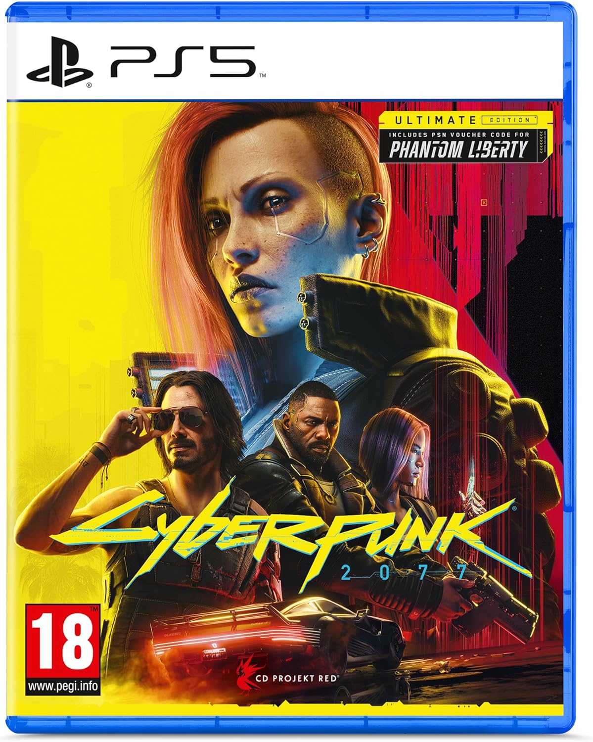 PlayStation 5 game disc cover for 'Cyberpunk 2077' with characters and cityscape.