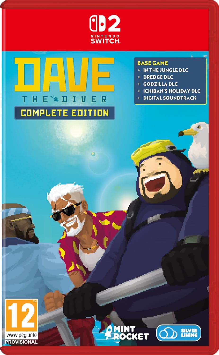 Nintendo Switch game cover for Dave the Diver Complete Edition, featuring colorful illustrated characters on a bright blue ocean background with red border and Nintendo Switch branding at the top.