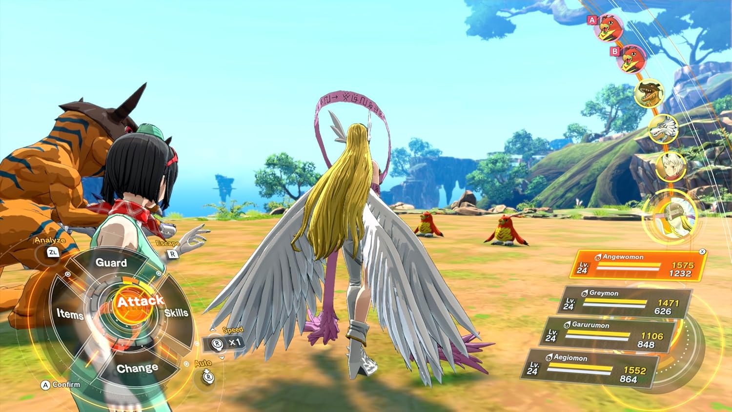 Character engagement in a fantasy battle scene with a scenic background