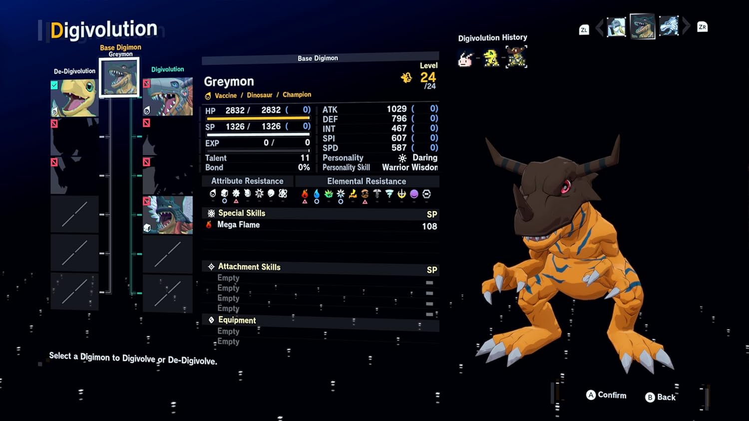 Game interface showing a creature in an orange suit with stats and evolution options on a dark background.