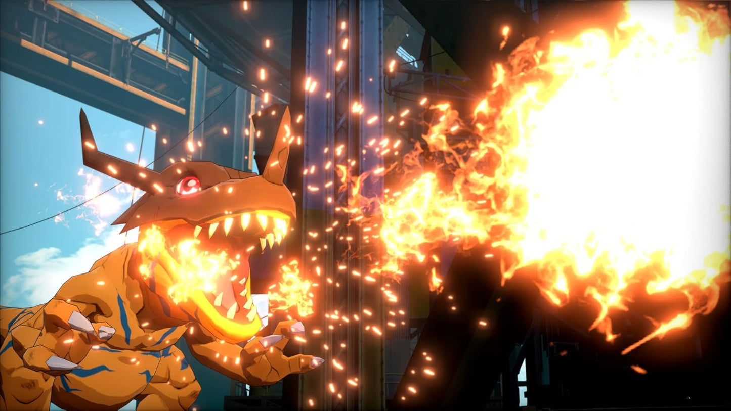 Animated dragon-like creature with fiery effects in a futuristic setting