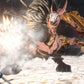 Animated character in fantasy armor engaging with a large creature in a snowy landscape