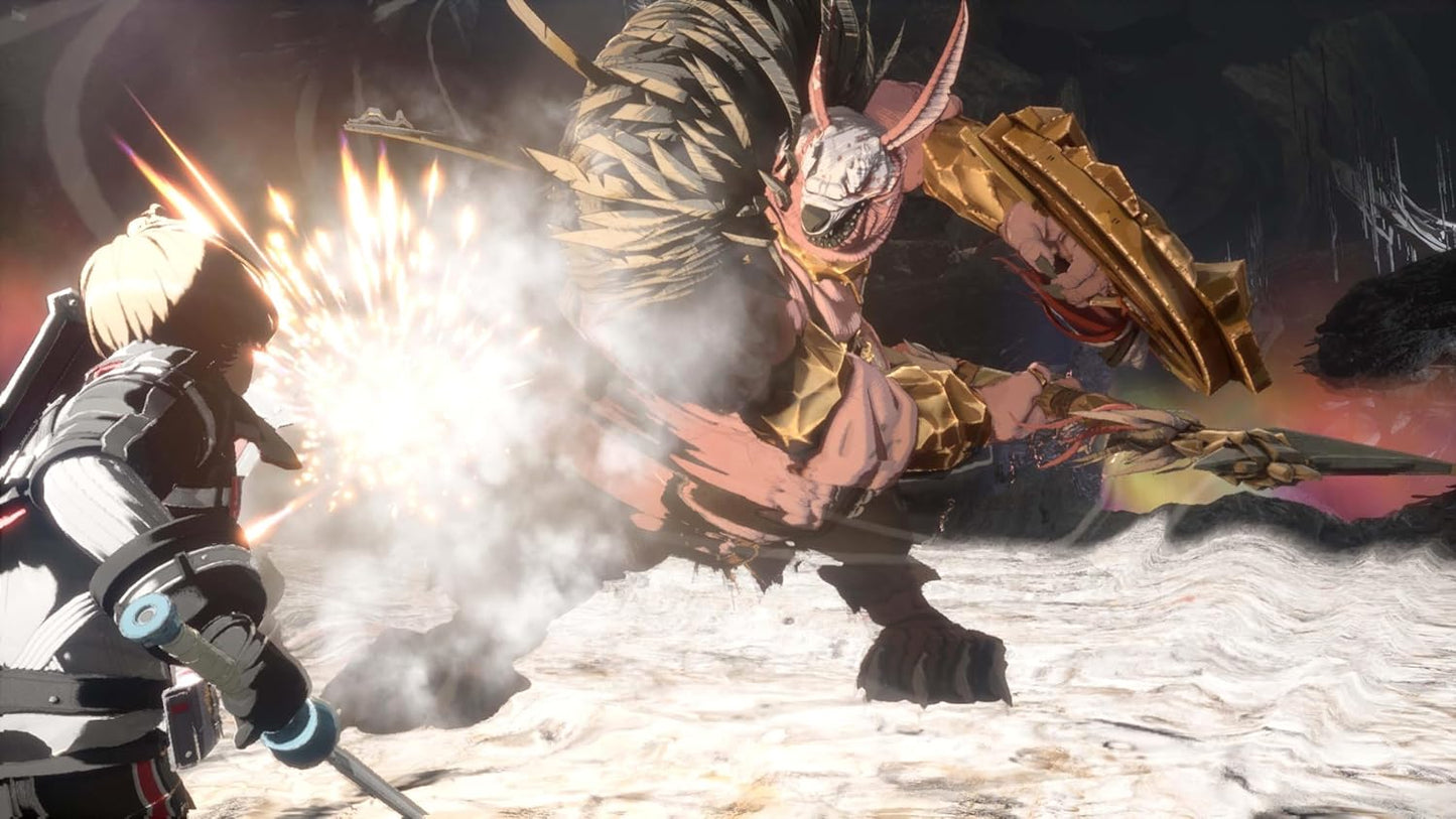 Animated character in fantasy armor engaging with a large creature in a snowy landscape