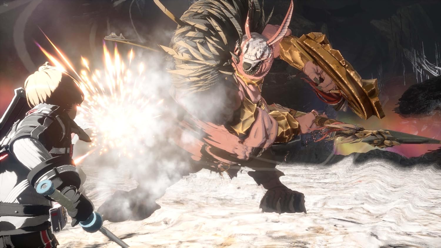 Animated character in fantasy armor engaging with a large creature in a snowy landscape