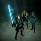 Four animated characters in a dark, industrial setting