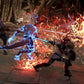 Two characters in a fantasy setting engaged in combat with glowing blue and fiery effects.