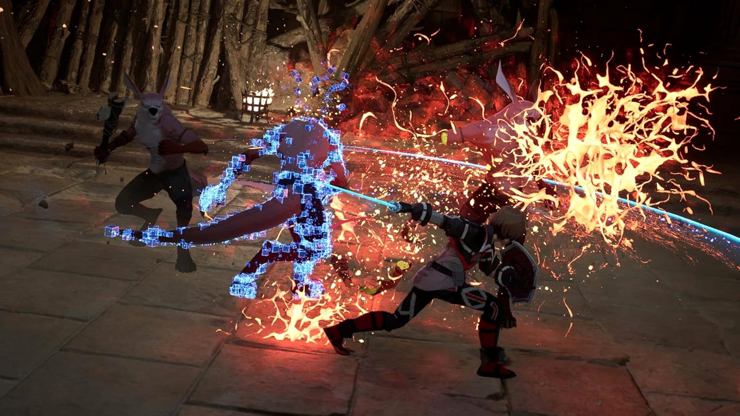 Two characters in a fantasy setting engaged in combat with glowing blue and fiery effects.