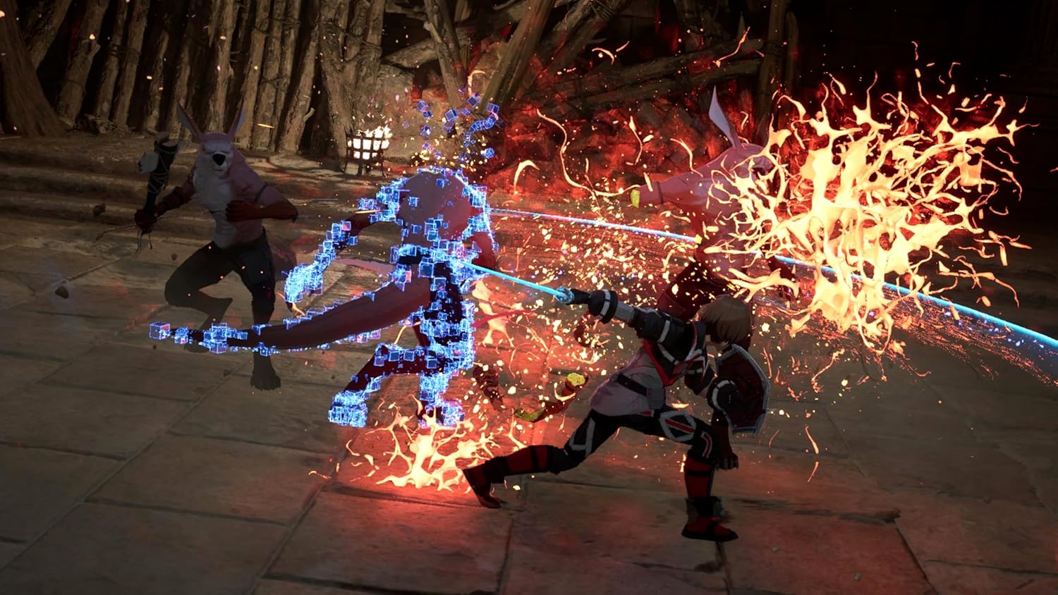 Two characters in a fantasy setting engaged in combat with glowing blue and fiery effects.