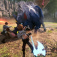 Two characters in a fantasy setting with a large creature, possibly from a video game or animated series.