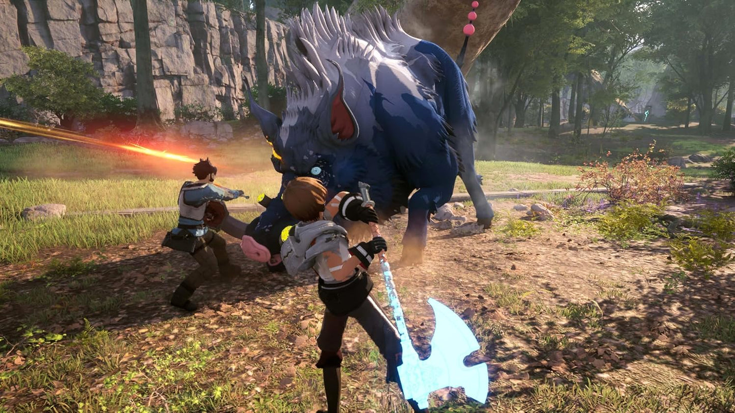 Two characters in a fantasy setting with a large creature, possibly from a video game or animated series.
