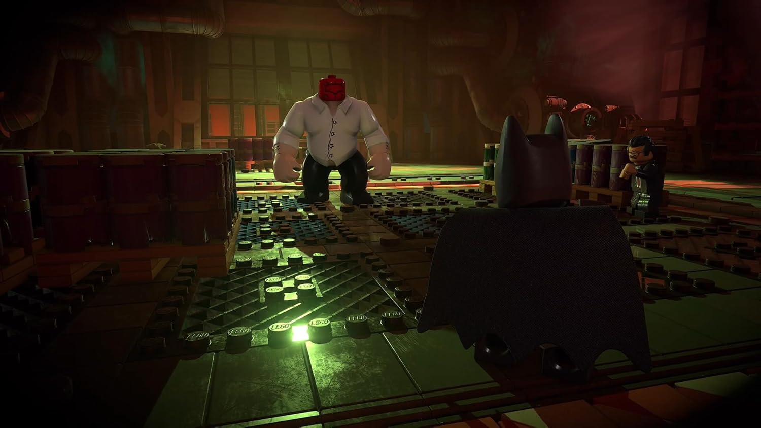 Character in a dark, industrial setting with a red mask and white shirt.