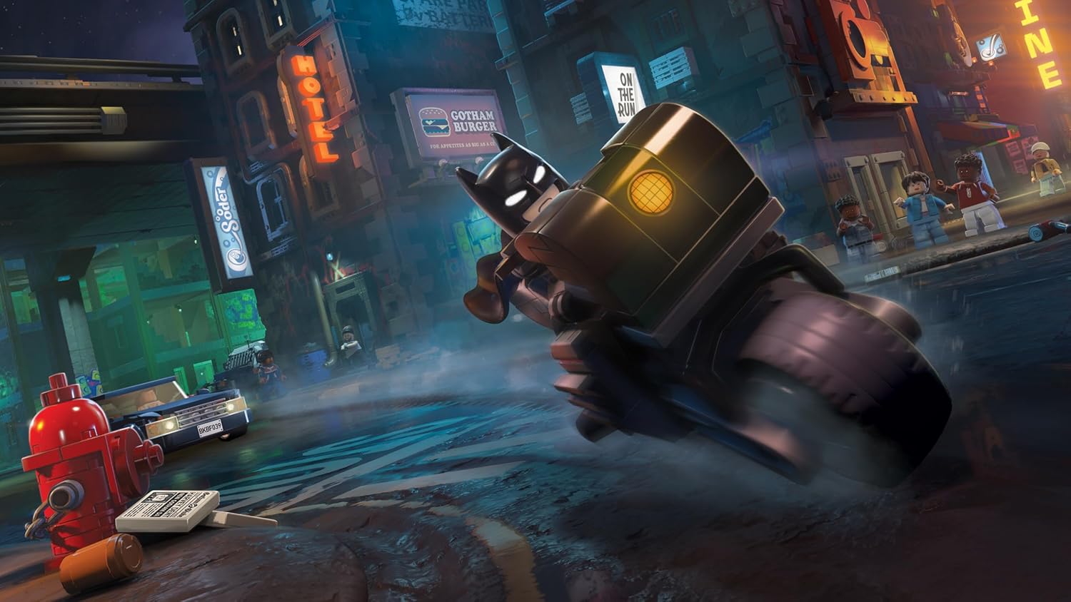 Animated character holding a weapon in an urban street setting with neon lights.