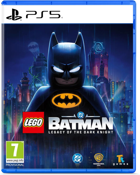 PlayStation 5 game disc cover for 'LEGO Batman: Legacy of the Dark Knight' with cityscape background.