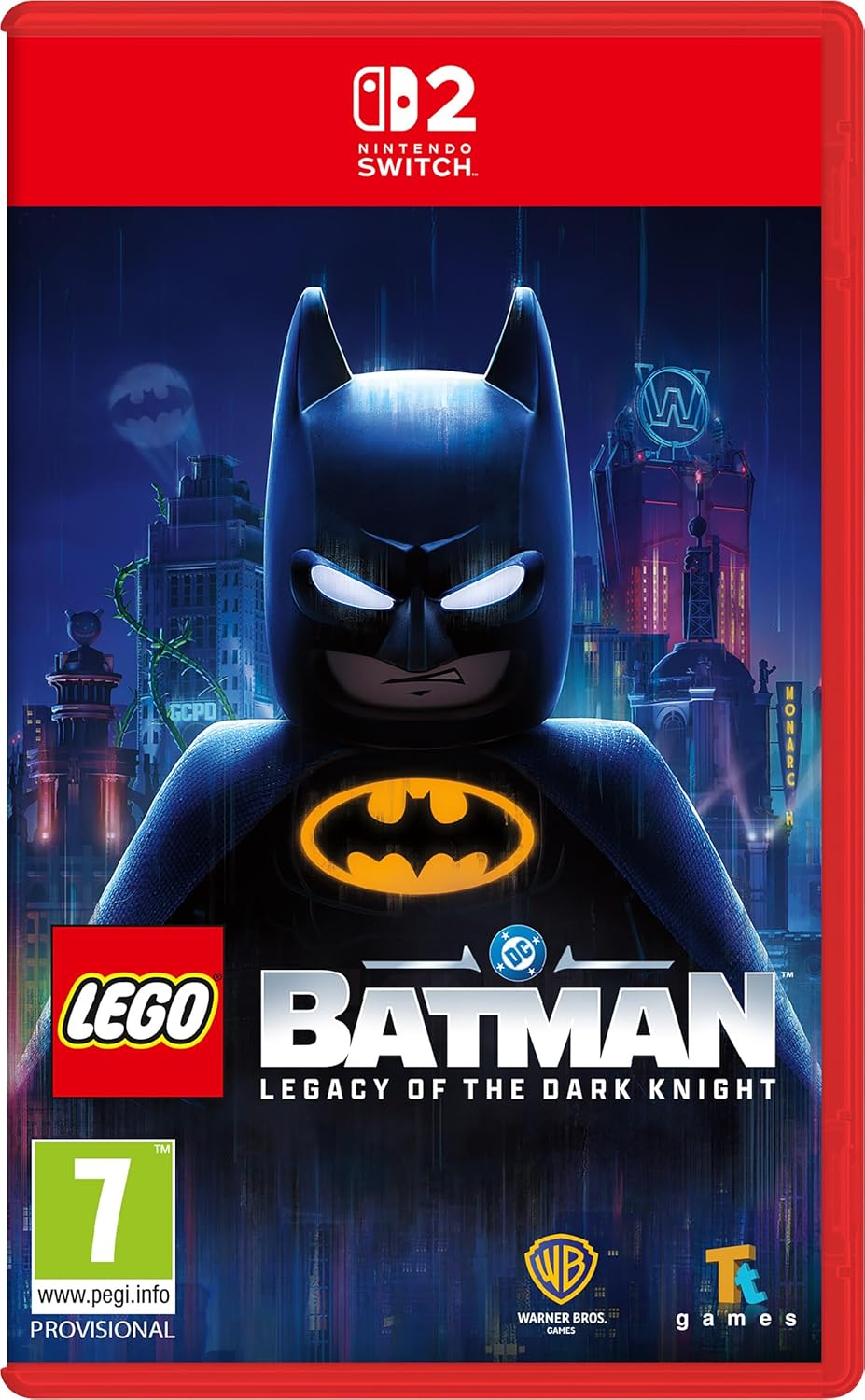 LEGO Batman game cover for Nintendo Switch with cityscape background