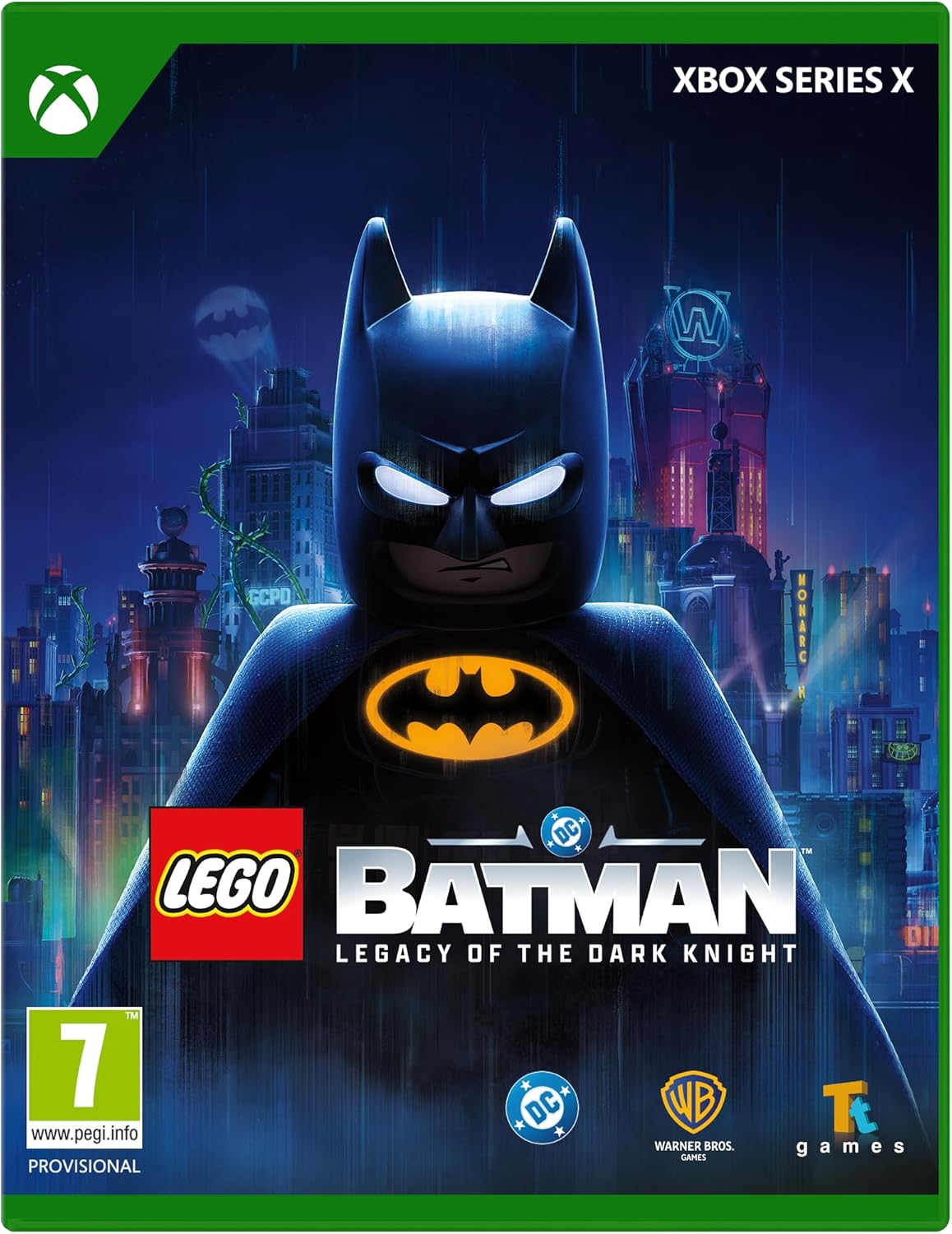 LEGO Batman game cover for Xbox Series X with cityscape background