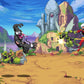 Animated scene with characters in a fantasy setting, featuring a castle and mountains.