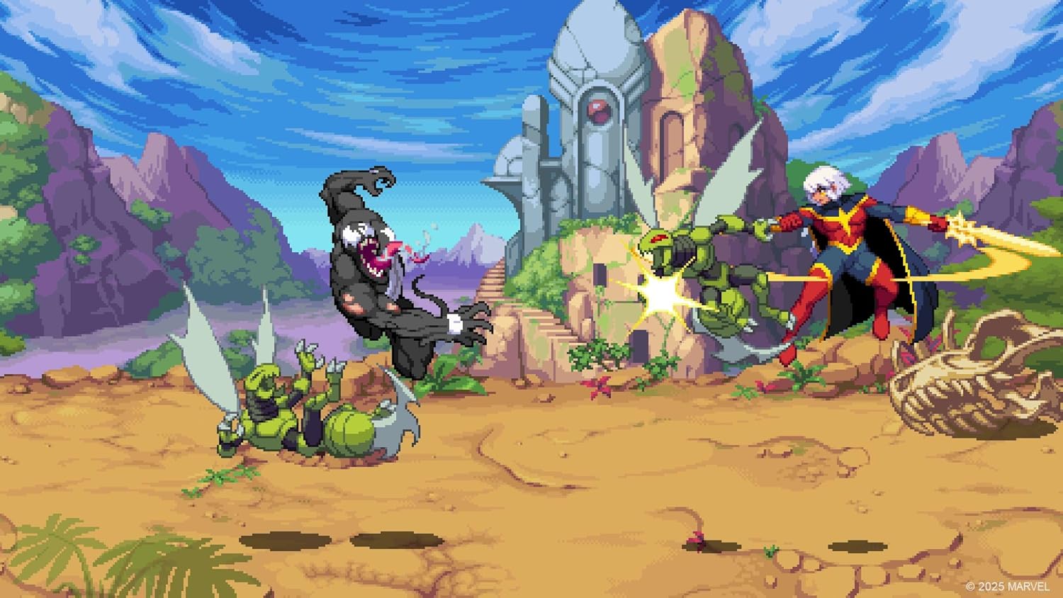 Animated scene with characters in a fantasy setting, featuring a castle and mountains.
