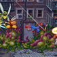 Pixel art scene with characters in a cityscape