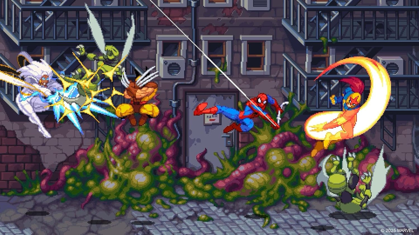 Pixel art scene with characters in a cityscape