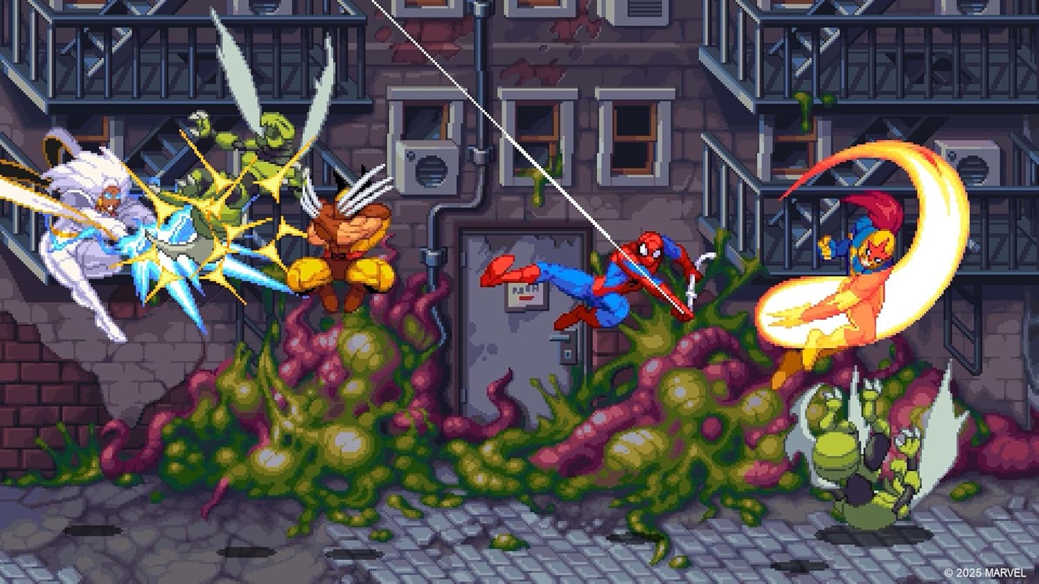 Pixel art scene with characters in a cityscape
