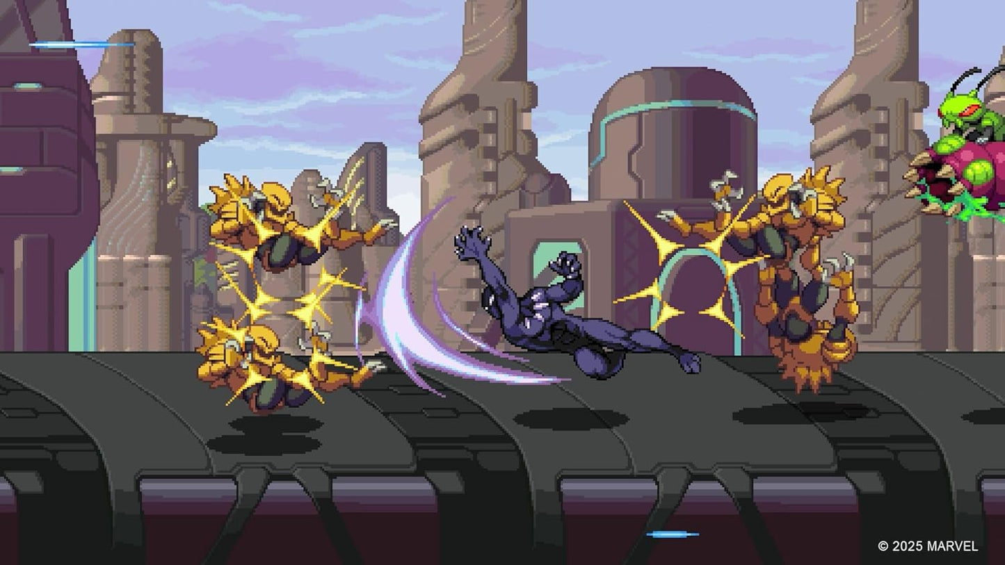 Animated scene from a Marvel superhero game with characters in a futuristic cityscape.