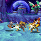 Animated scene with characters in a fantasy setting with a purple sky and futuristic architecture.