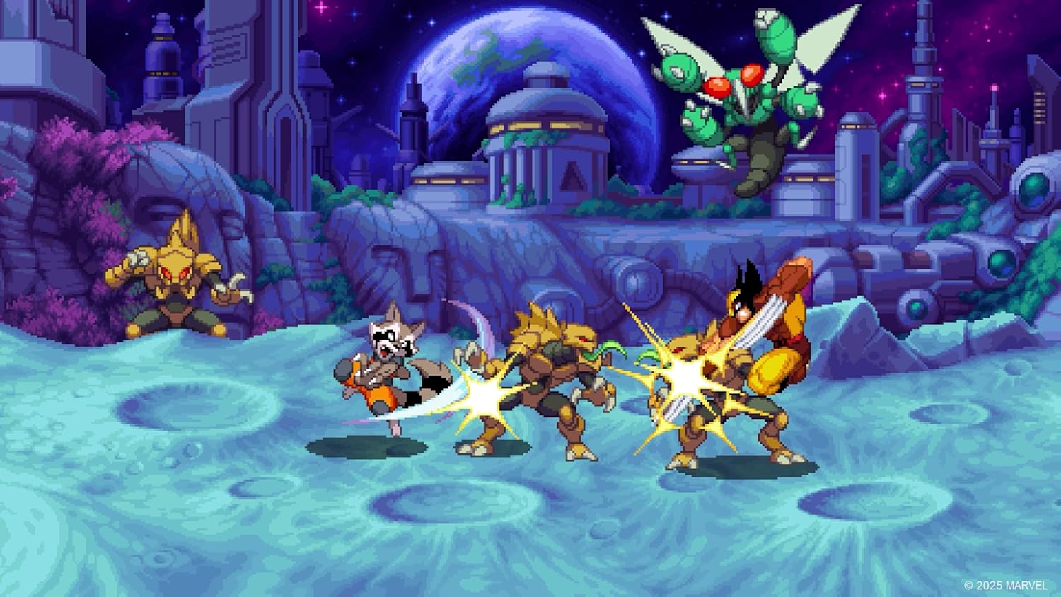 Animated scene with characters in a fantasy setting with a purple sky and futuristic architecture.
