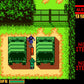 Simplified game interface with green trucks, a character, and text on a black background