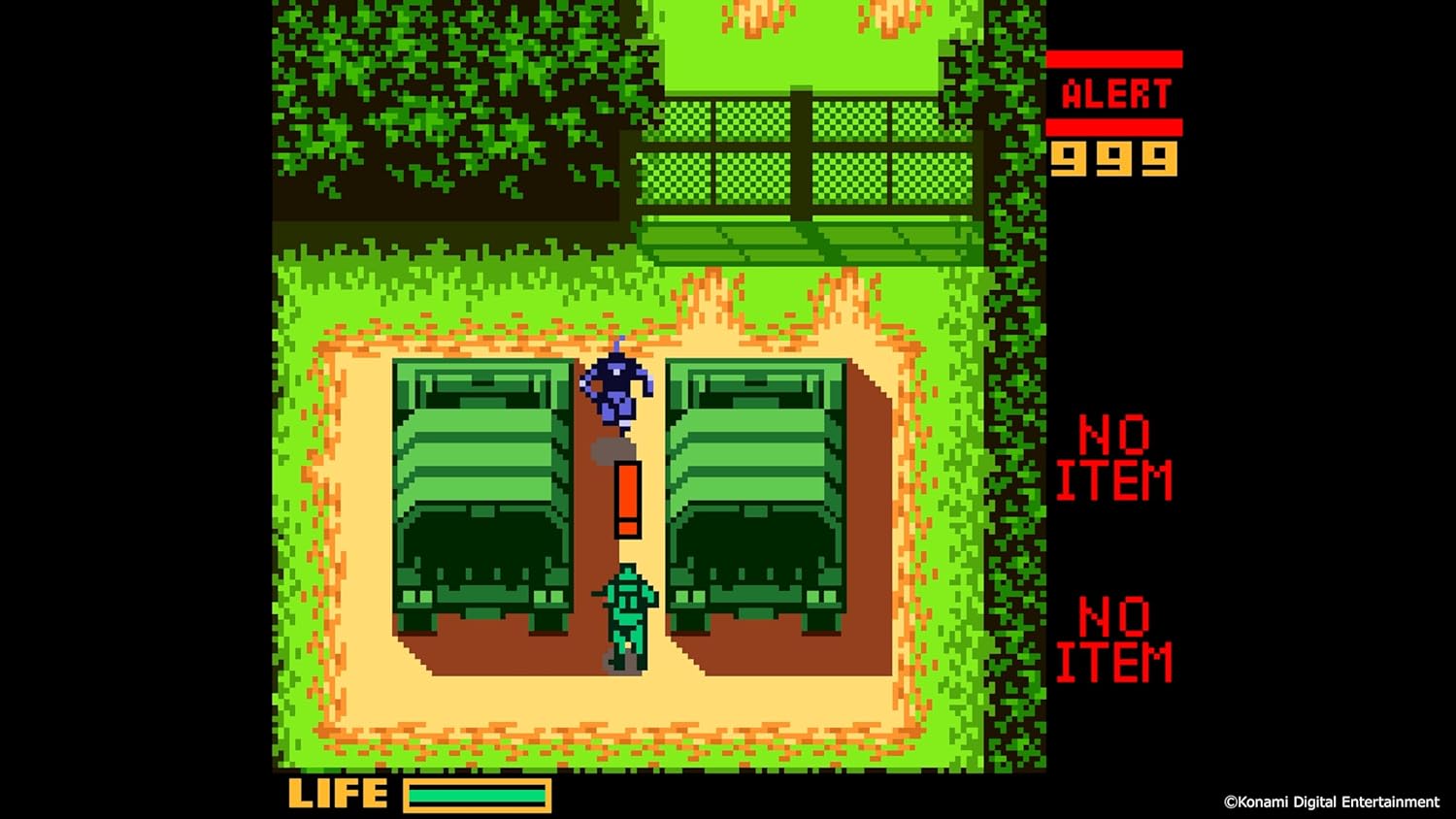 Simplified game interface with green trucks, a character, and text on a black background
