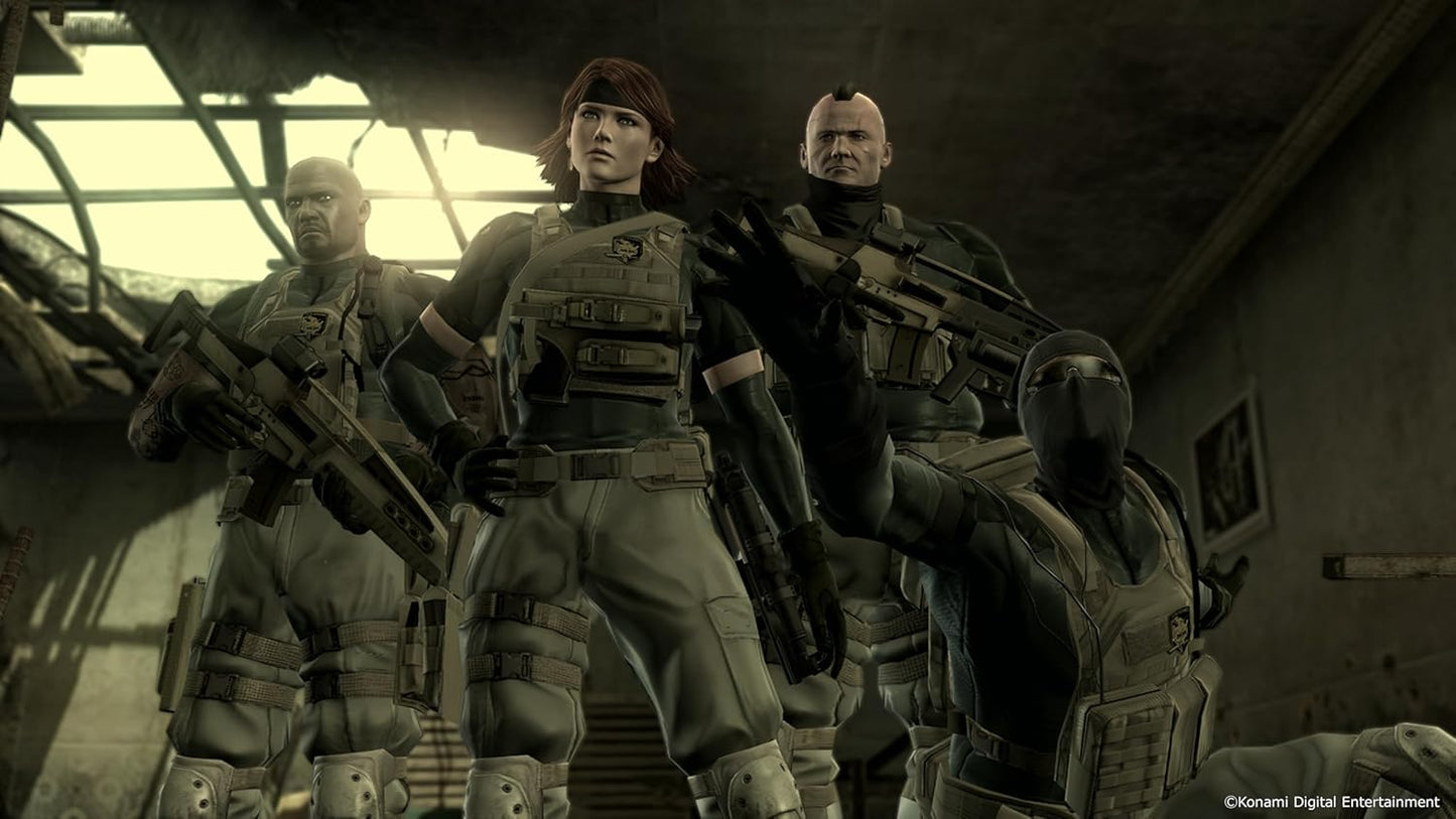 Four characters in futuristic military attire standing in a dimly lit room.