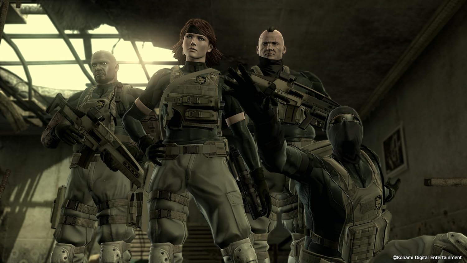 Four characters in futuristic military attire standing in a dimly lit room.