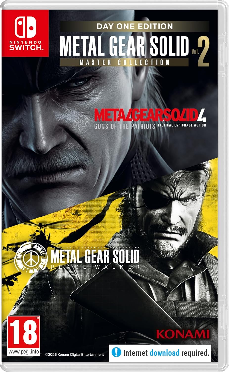 Metal Gear Solid Master Collection packaging for Nintendo Switch with two characters on a yellow and black background.