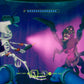 Video game scene with a skeleton-like character and a creature in a colorful environment.