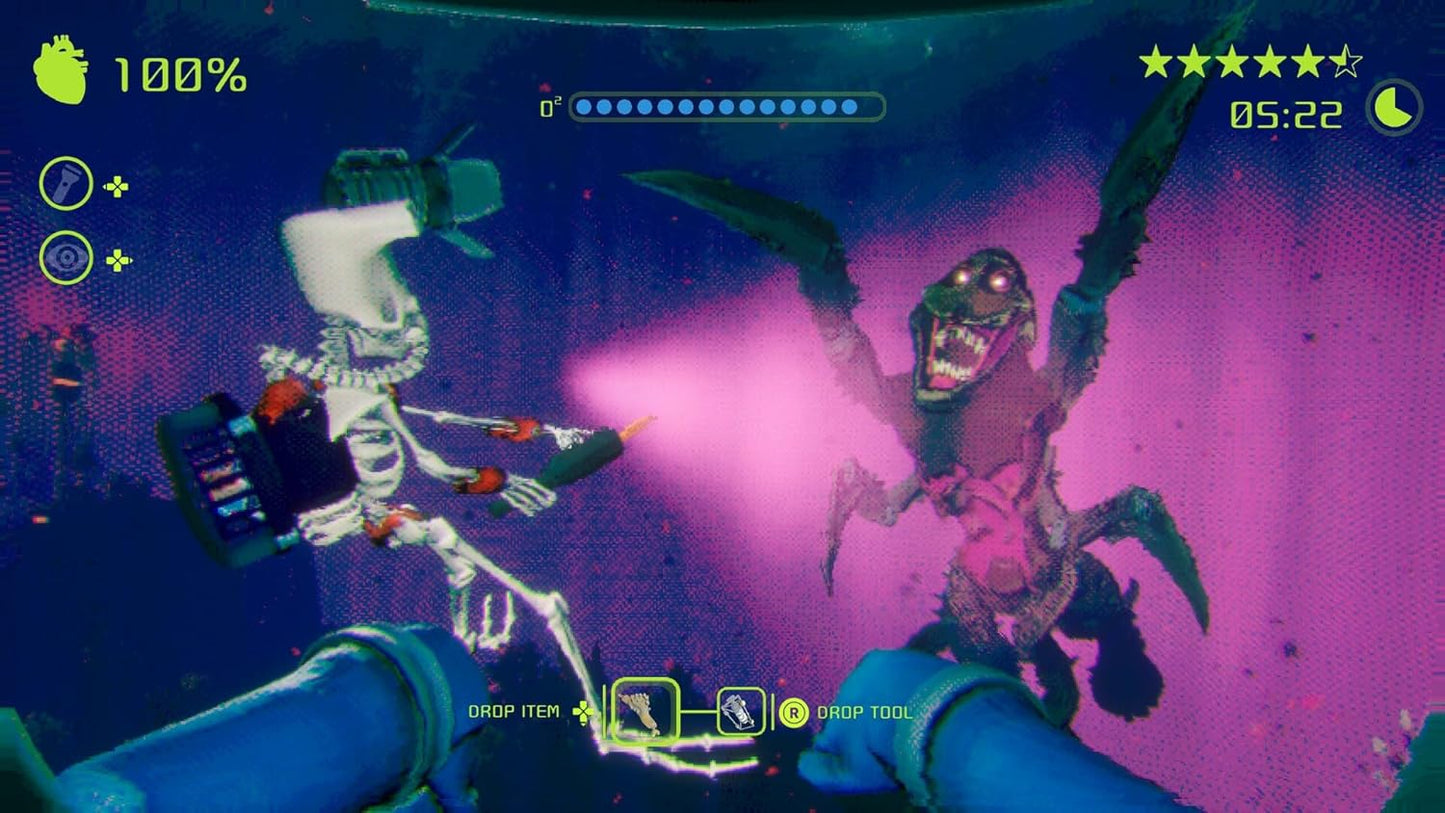 Video game scene with a skeleton-like character and a creature in a colorful environment.