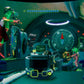 Close-up of a futuristic cockpit with digital displays and control panels.