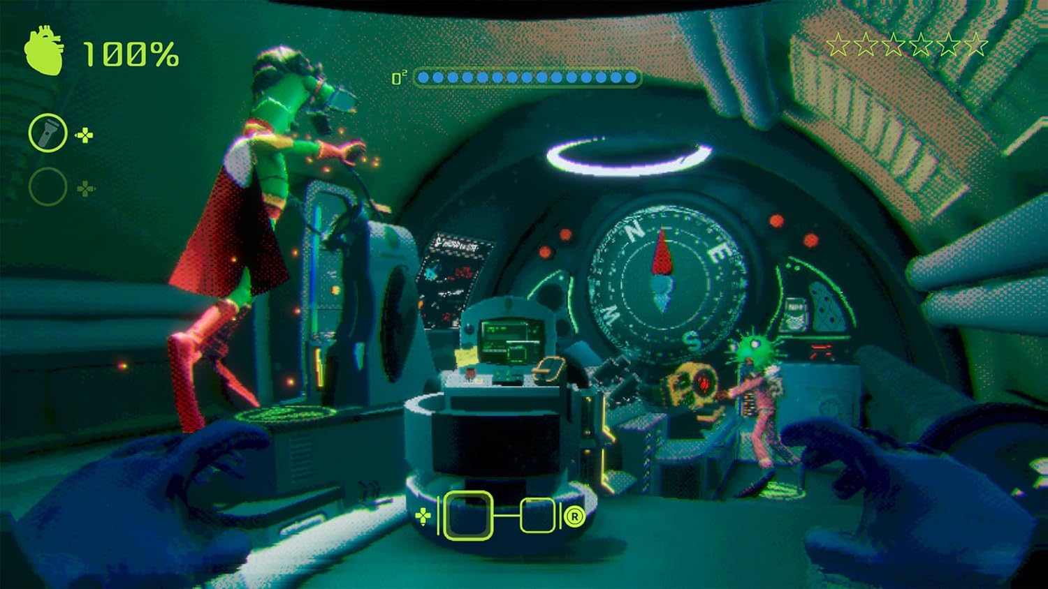 Close-up of a futuristic cockpit with digital displays and control panels.