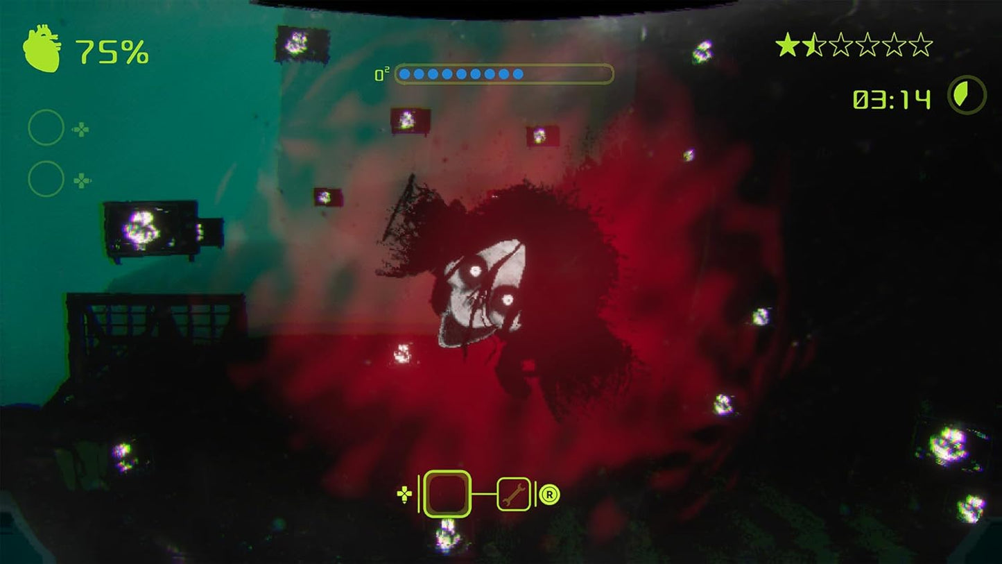 Game screen with a character in a dark room, red glowing effect, and game interface elements.