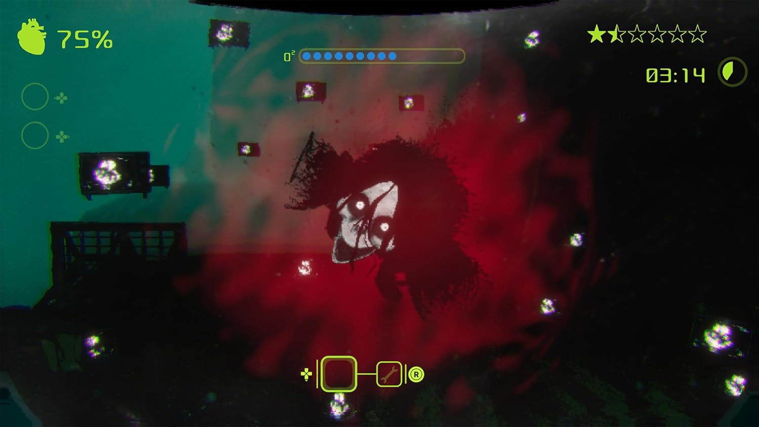 Game screen with a character in a dark room, red glowing effect, and game interface elements.