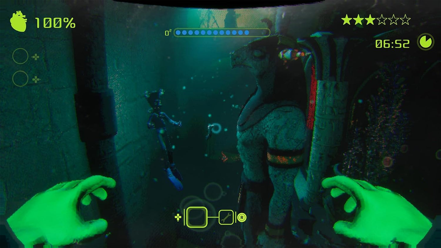 Scuba diving scene with underwater view and diver's perspective in a video game interface.